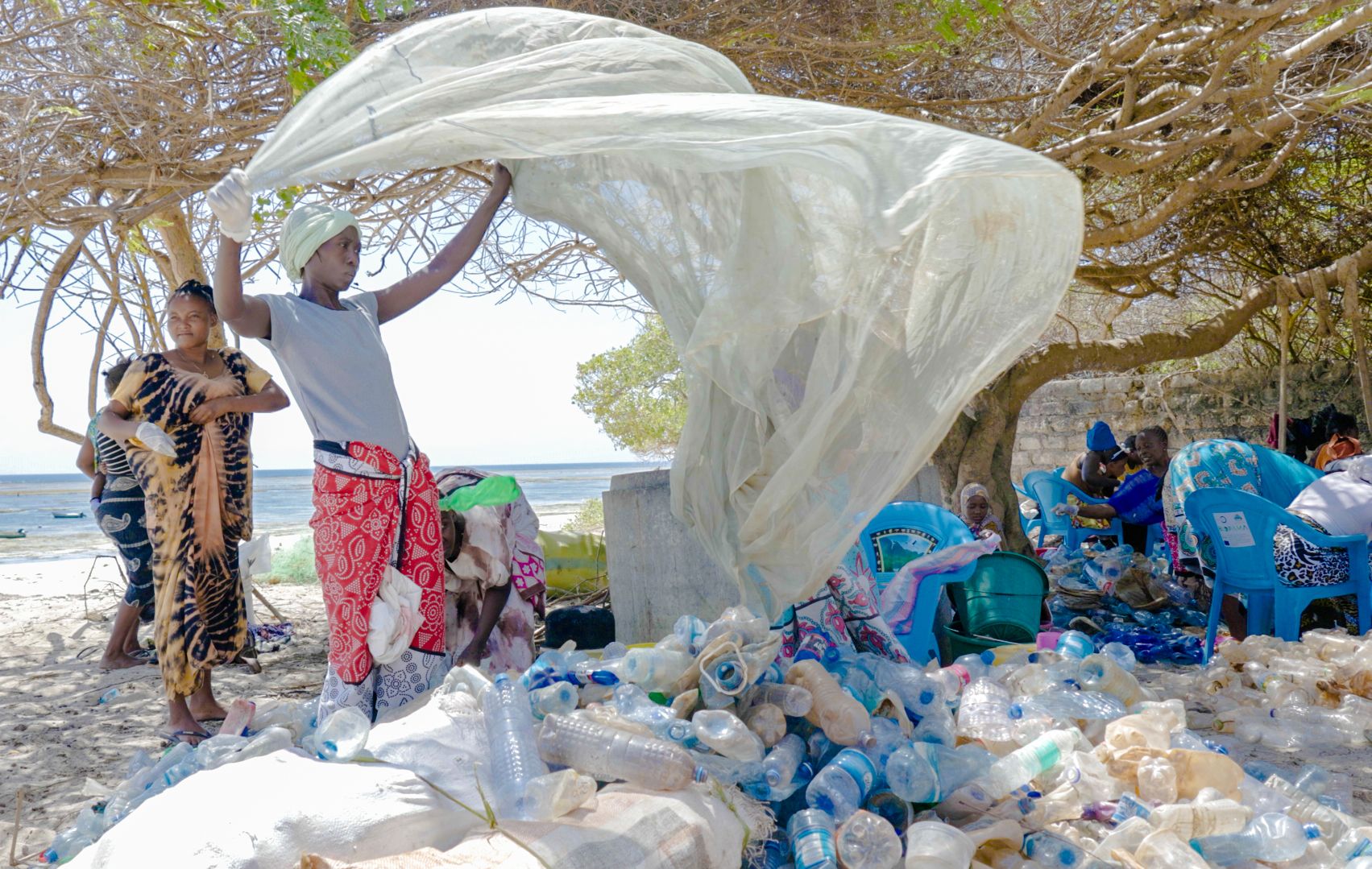 Women in Trash4Cash programme sorting plastic waste on the Kilifi coast